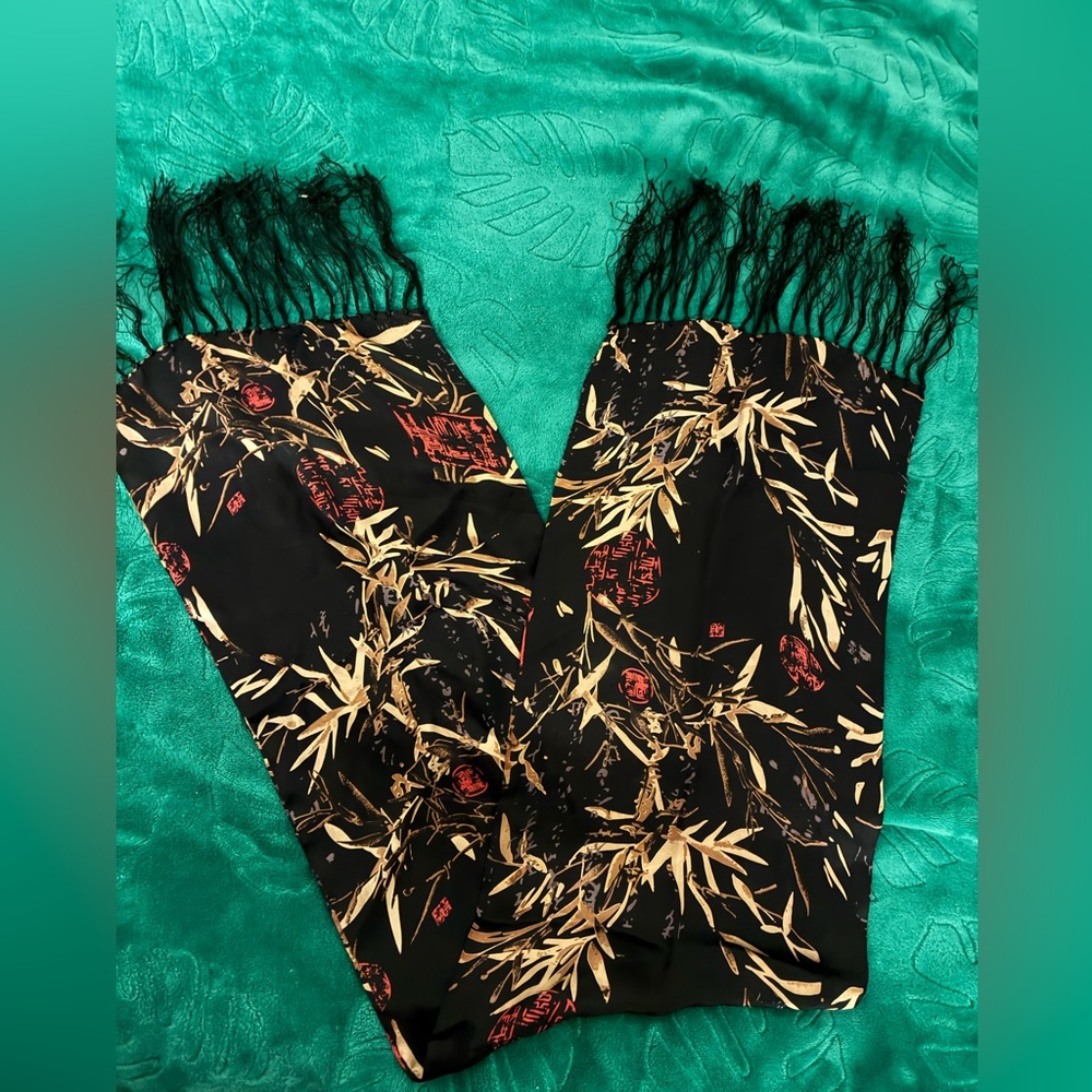 Black Bamboo Print Fringe Scarf – Elegant Women's Wrap